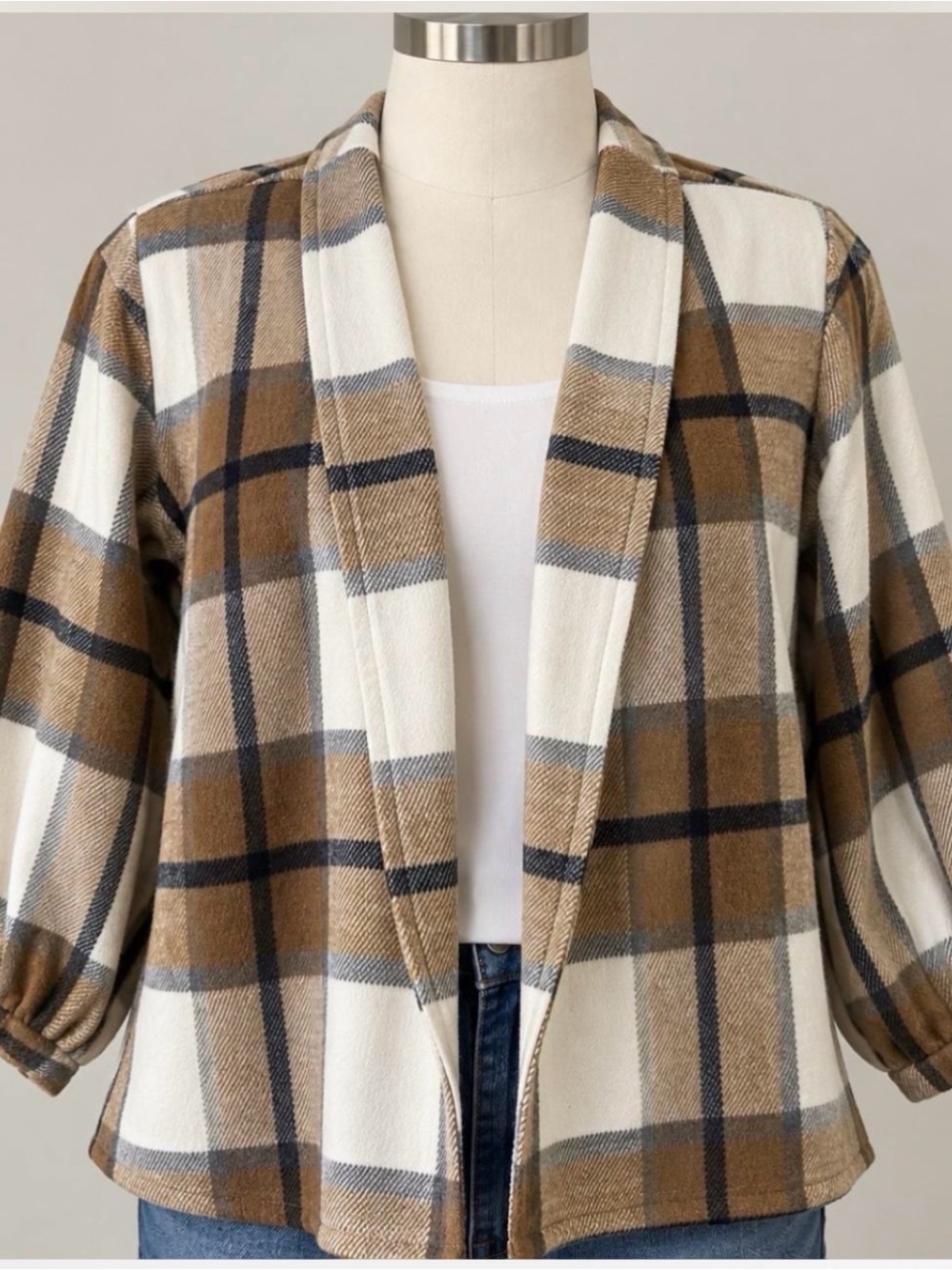 SHEIN Brown & White Plaid Open-Front Cardigan